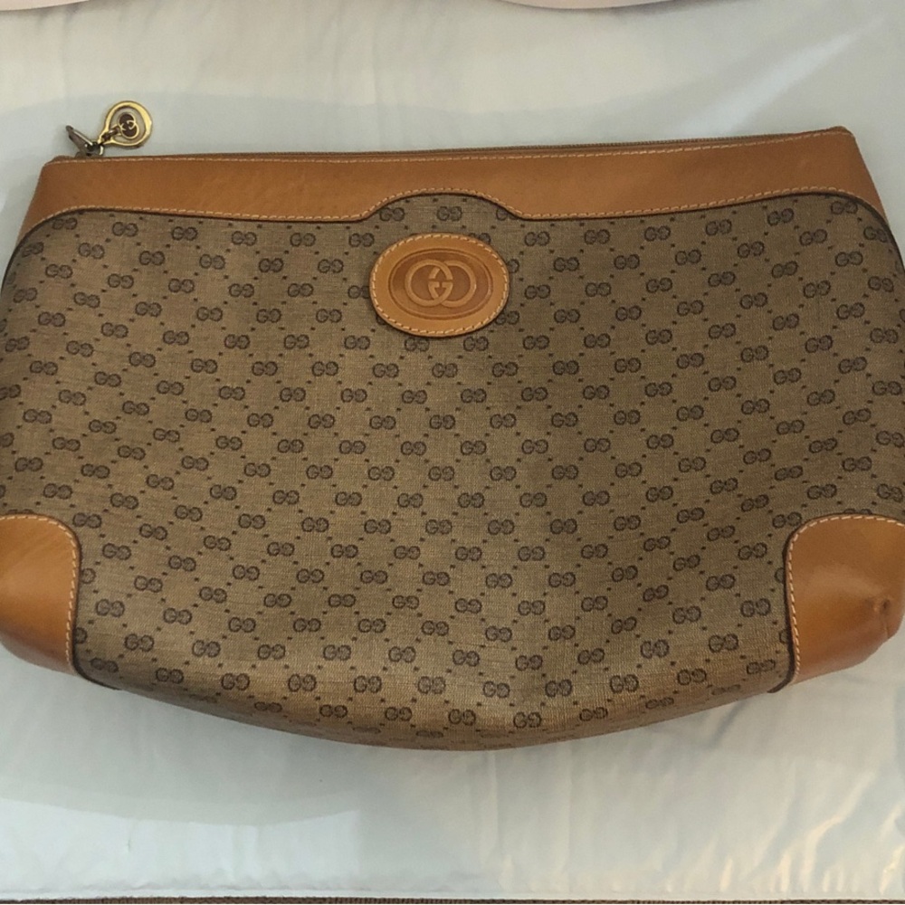 Vintage Gucci Tan and Brown Monogram Pouch